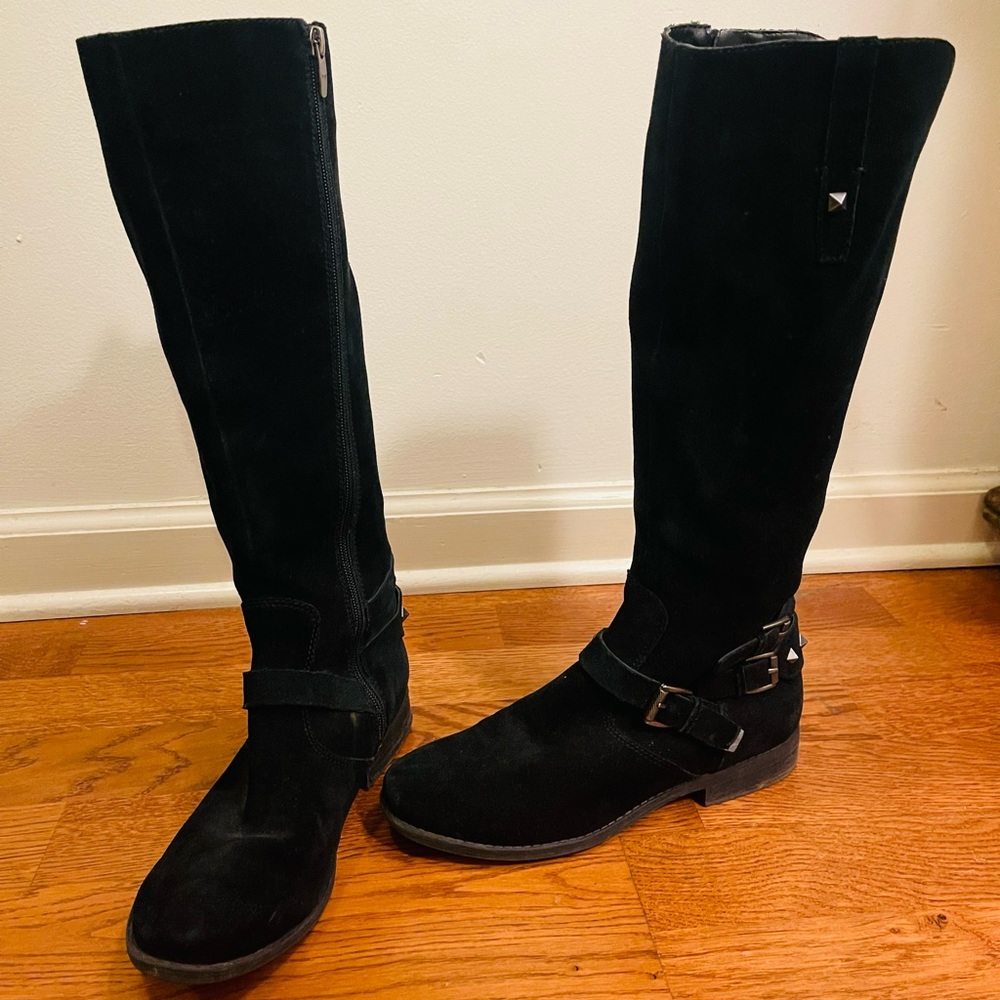 Marc Fisher black suede high top boots with buckles and stud details